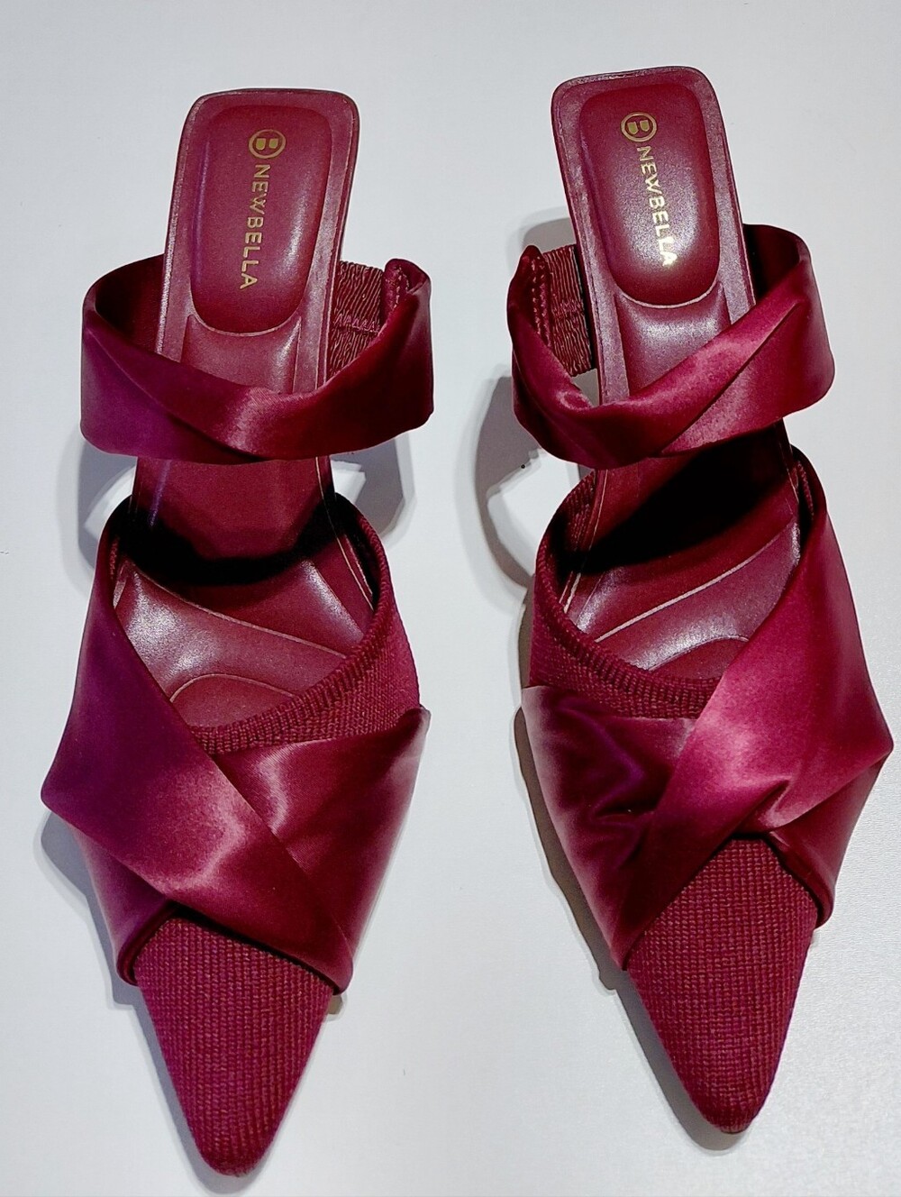 NEWBELLA Women's Burgundy Satin  Pointed Toe Mid Heel Mule Size 9